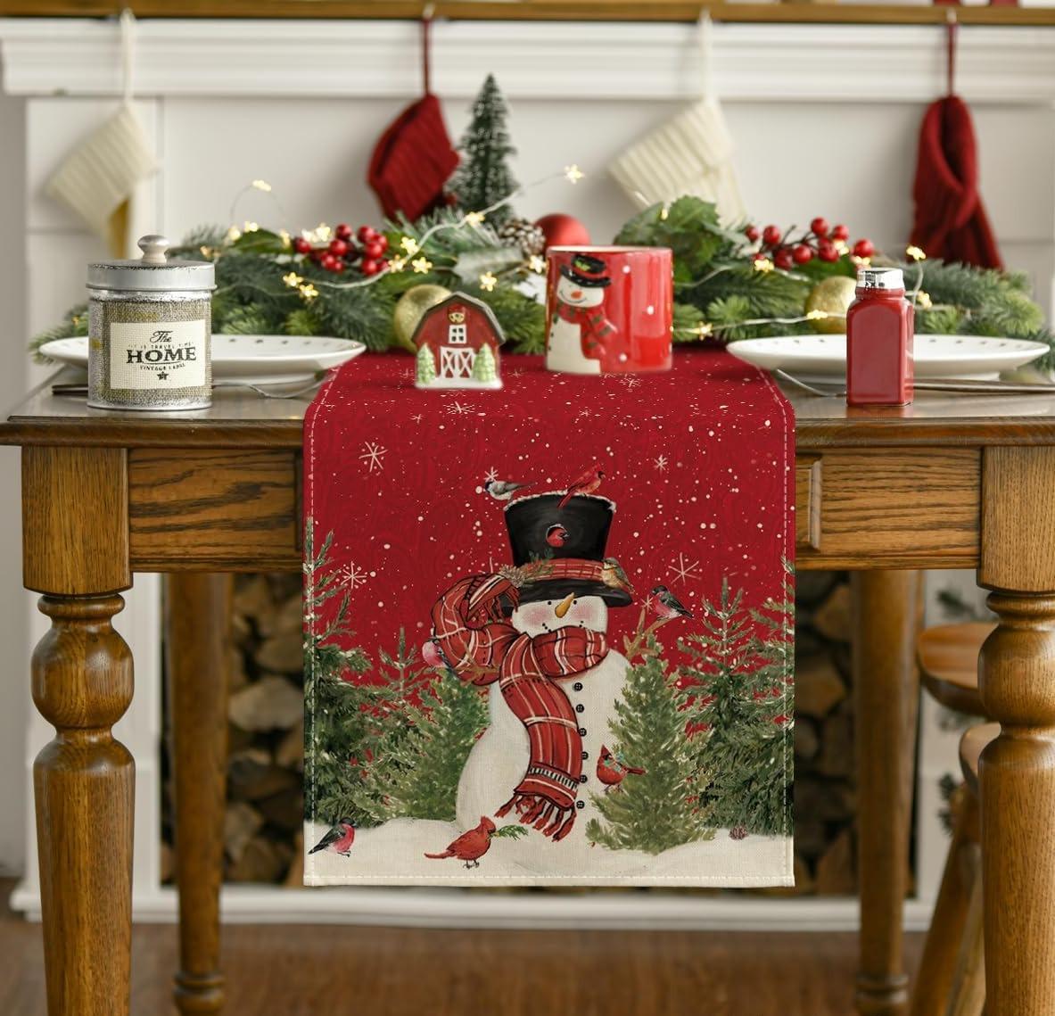 13x72 Inch Snowman Christmas Birds Trees Table Runner, Seasonal Winter Xmas Holiday Kitchen Dining Table Decoration - Hibrides