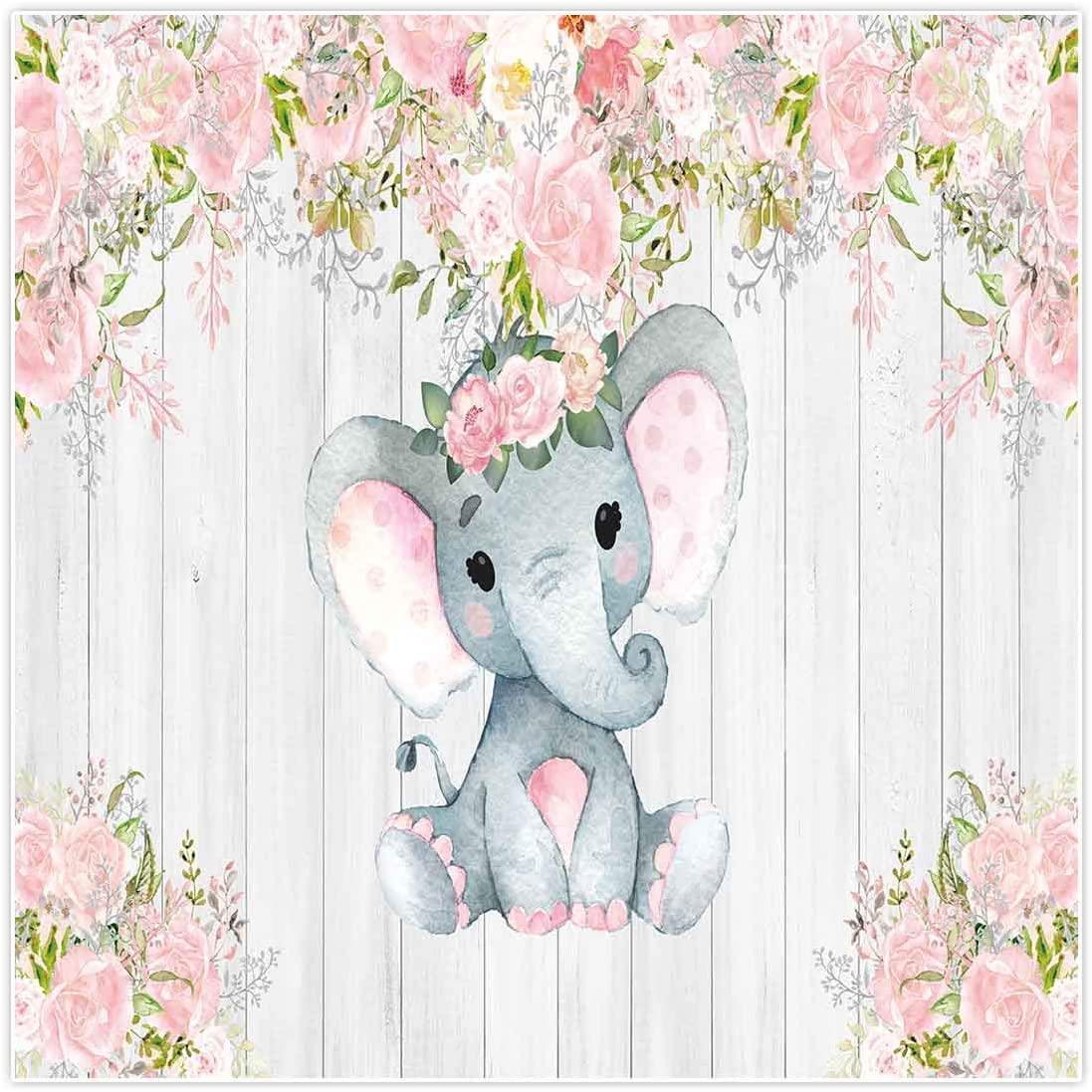 7x5ft Rustic White Wood Elephant Backdrop Supplies for Baby Shower Pink Floral It's a Girl Newborn Kids Birthday Party Decorations - Hibrides