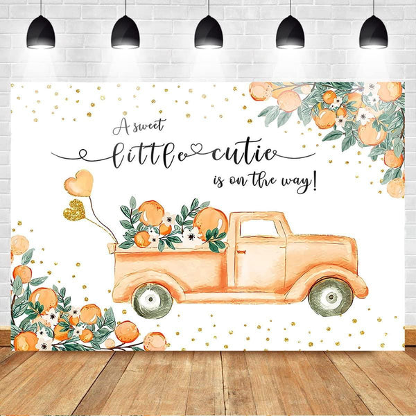 A Little Cutie Baby Shower Backdrop Orange and Truck Baby Shower Background Tangerine Theme - Hibrides