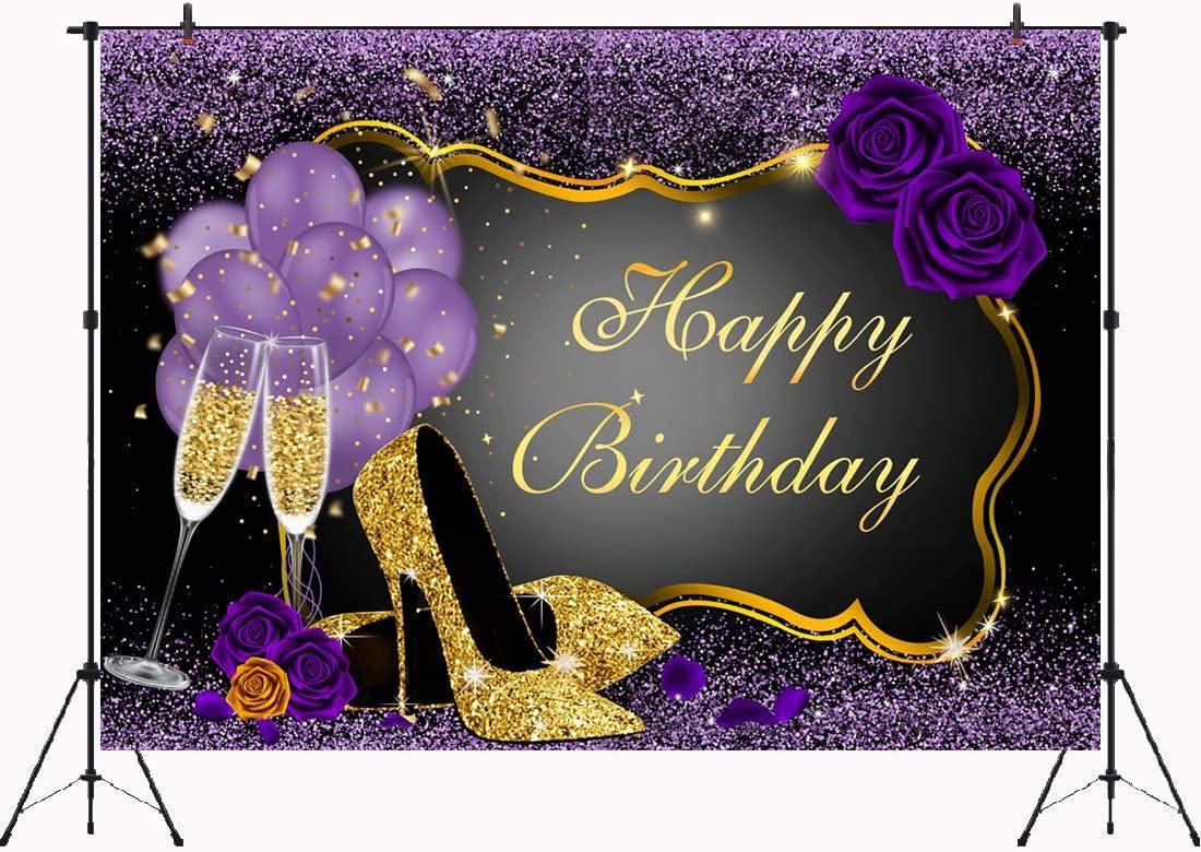 7x5FT Purple Happy Birthday Backdrop Rose Shiny Sequin High Heels Champagne Golden Frame Glasses Photography Background - Hibrides