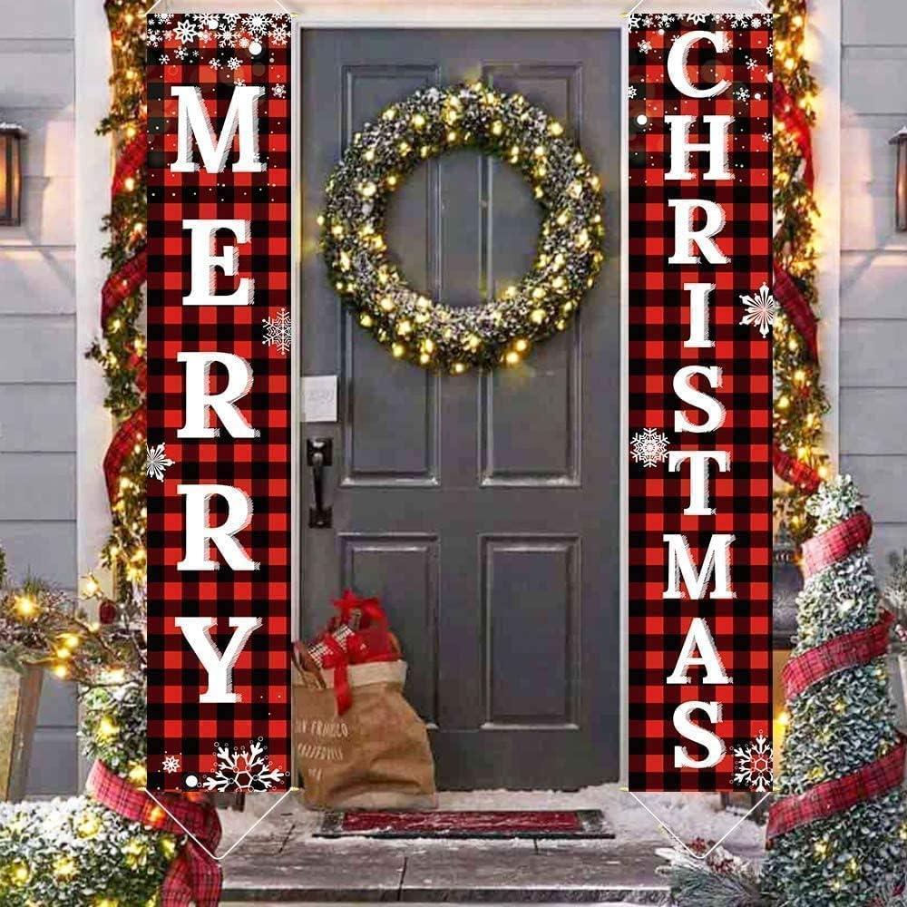 Christmas Decorations Outdoor Yard Front Porch Sign Set, Red Black Buffalo Plaid Door Banner, Hanging Merry Christmas Decorations for Home - Hibrides