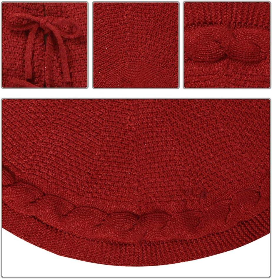 Burgundy Christmas Tree Skirt, 48 inches Luxury Cable Knit Knitted Thick Rustic Xmas Holiday Decoration - Hibrides