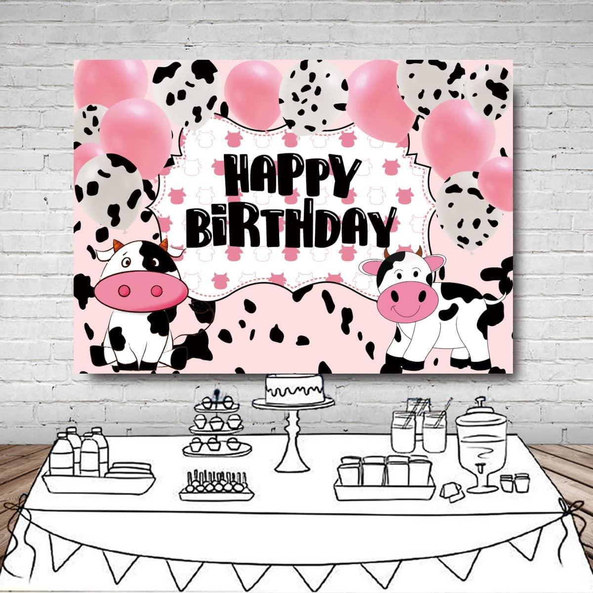 Cartoon Cow Happy Birthday Backdrop Banner Cow Party Decorations Pink White Cow Print Balloons Farm Animals Background - Hibrides