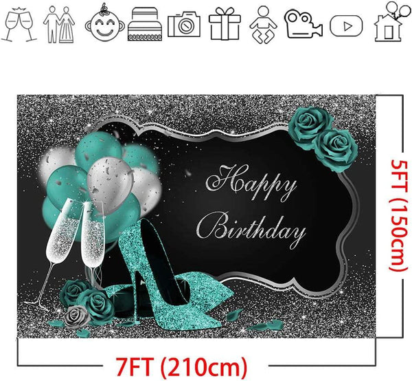 Teal Silver Happy Birthday Backdrop Glitter Green Balloons High Heels Champagne Woman's Birthday Photography Background - Hibrides