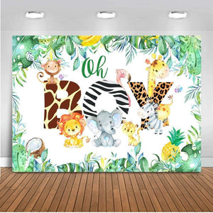 Oh Boy Backdrop Jungle Safari Boy Baby Shower Photo Booth Backdrops Jungle Animals Lion Elephant Party Decorations - Hibrides