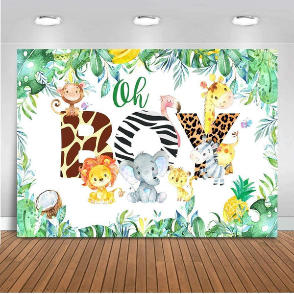 Oh Boy Backdrop Jungle Safari Boy Baby Shower Photo Booth Backdrops Jungle Animals Lion Elephant Party Decorations - Hibrides