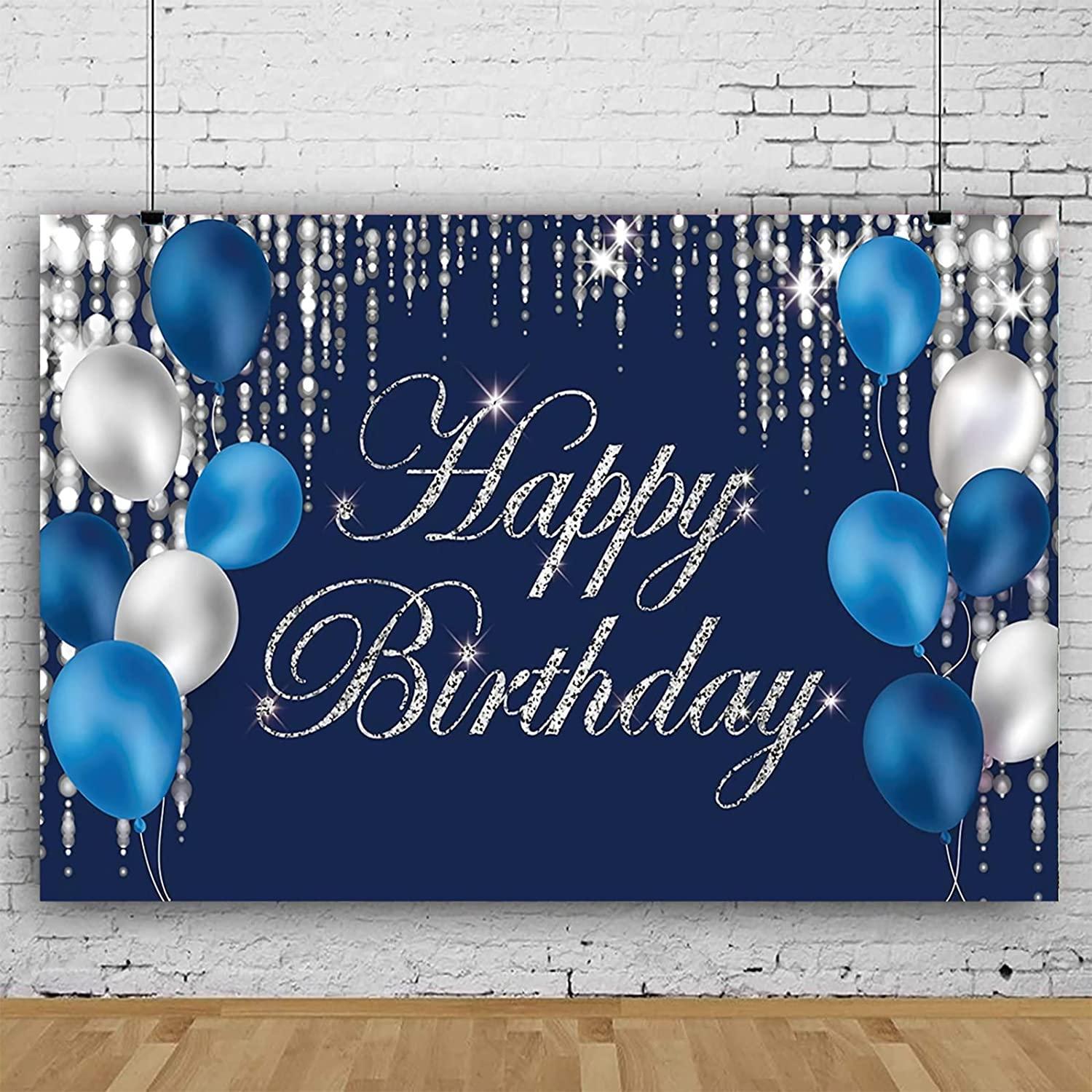 Happy Birthday Photography Backdrop Navy Blue and Silver Happy Birthday Sign - Hibrides