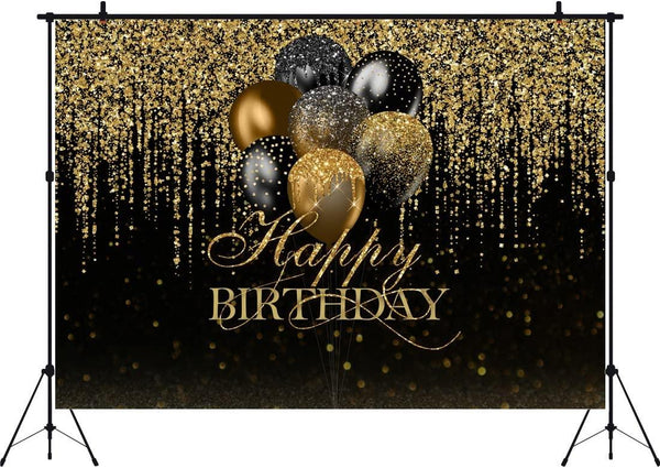 7x5ft Happy Birthday Backdrop Glitter Black and Gold Balloons Photography Background - Hibrides