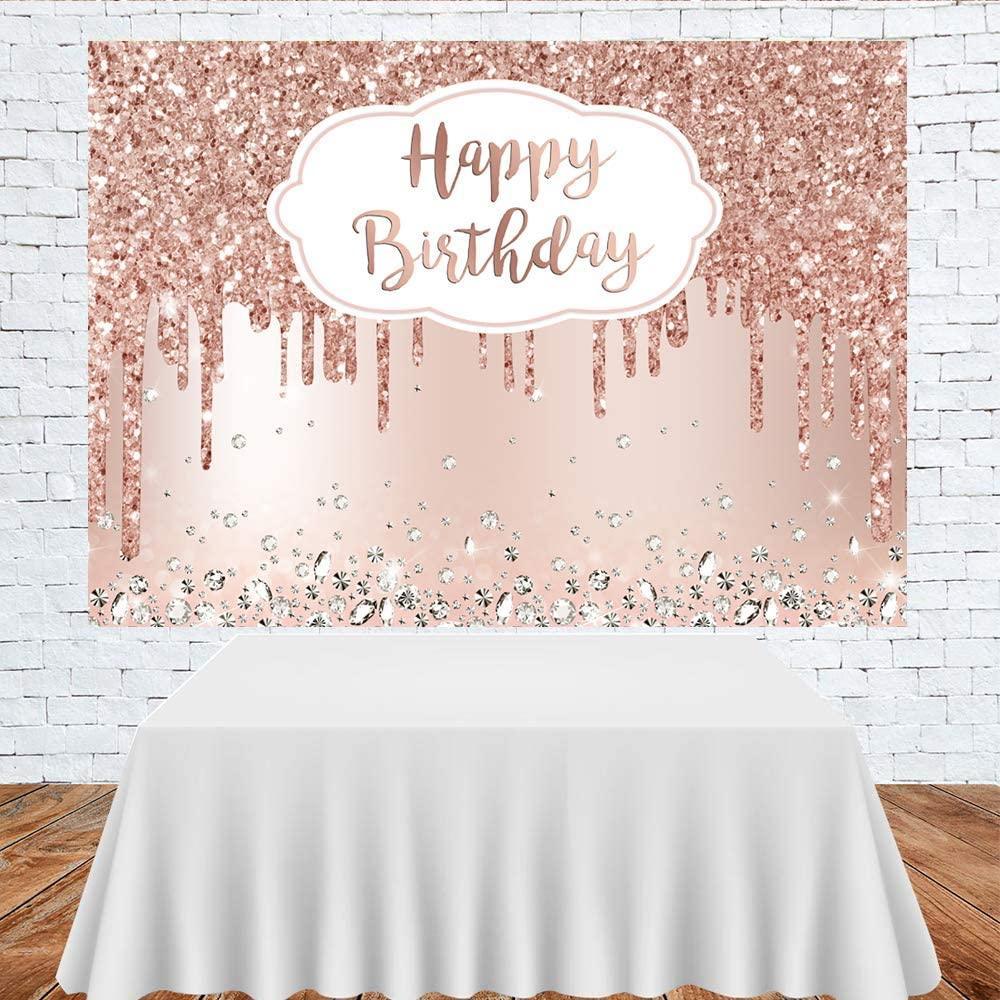 Pink Rose Golden Birthday Party Backdrop Glitter Diamonds Happy Birthday Background - Hibrides