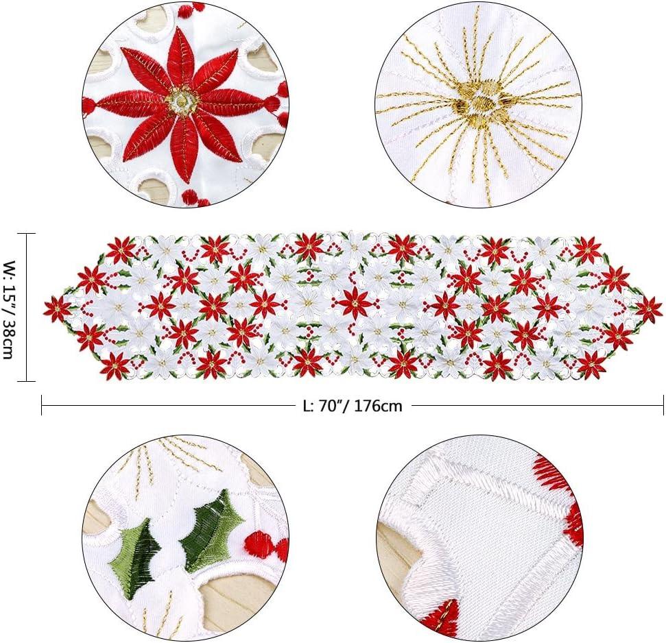 15x70 Inch Embroidered Christmas Table Runner Red Table Linens for Christmas Decorations, Luxury Holly Poinsettia Table Runner for Dining Kitchen & Dining Table - Hibrides