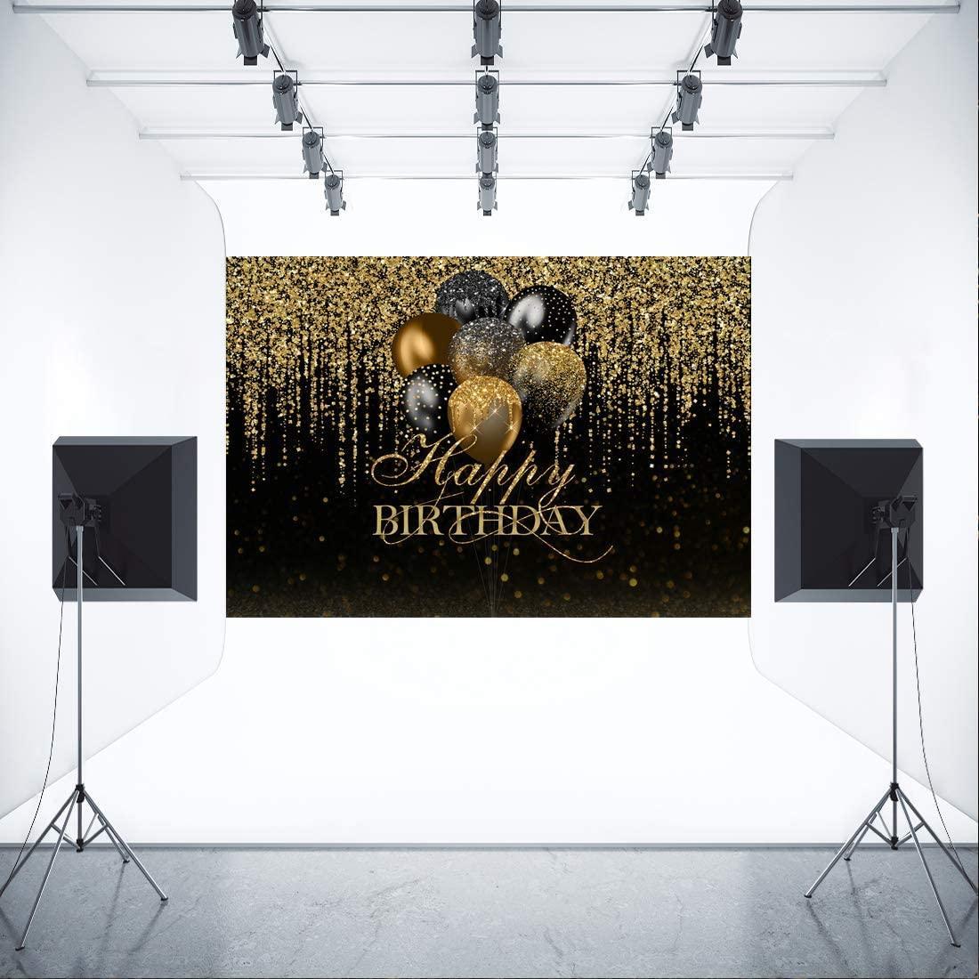 7x5ft Happy Birthday Backdrop Glitter Black and Gold Balloons Photography Background - Hibrides