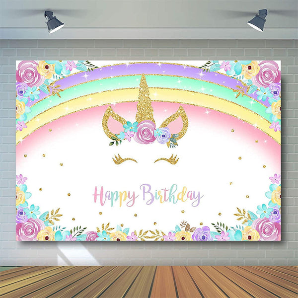 Rainbow Unicorn Backdrop Gold Unicorn Birthday Backdrop Glitter Rainbow Floral Party Photography Background - Hibrides