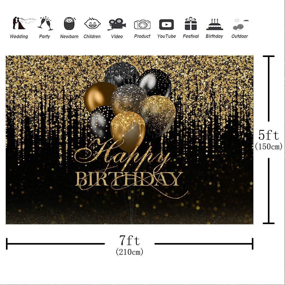 7x5ft Happy Birthday Backdrop Glitter Black and Gold Balloons Photography Background - Hibrides