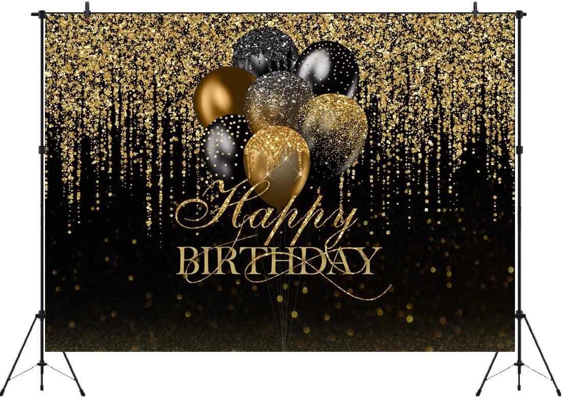 7x5ft Happy Birthday Backdrop Glitter Black and Gold Balloons Photography Background - Hibrides