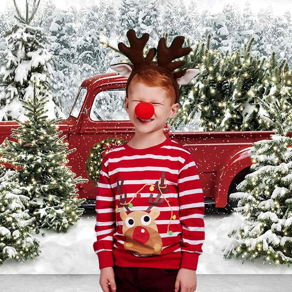 7X5FT Christmas Retro Red Truck Photography Background Snow Capped Forest Family Children's Holiday Party Decorations Photo Banner Backdrop Props