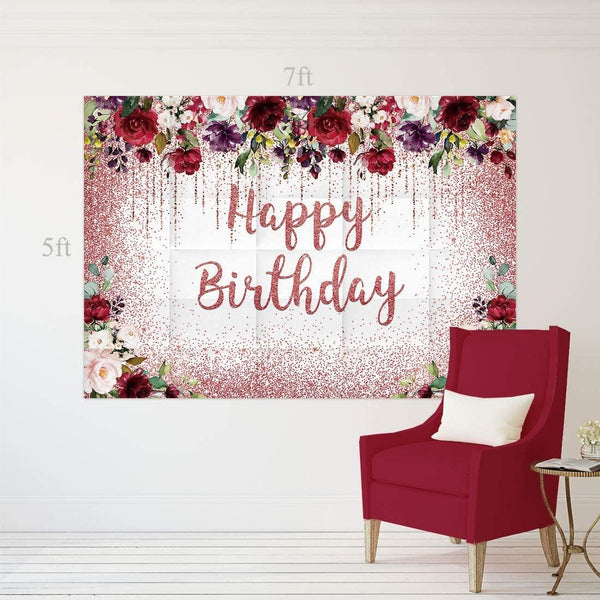 7x5ft Burgundy Red Floral Birthday Backdrop Rose Gold Glitter Blush Happy Birthday Party Supplies - Hibrides