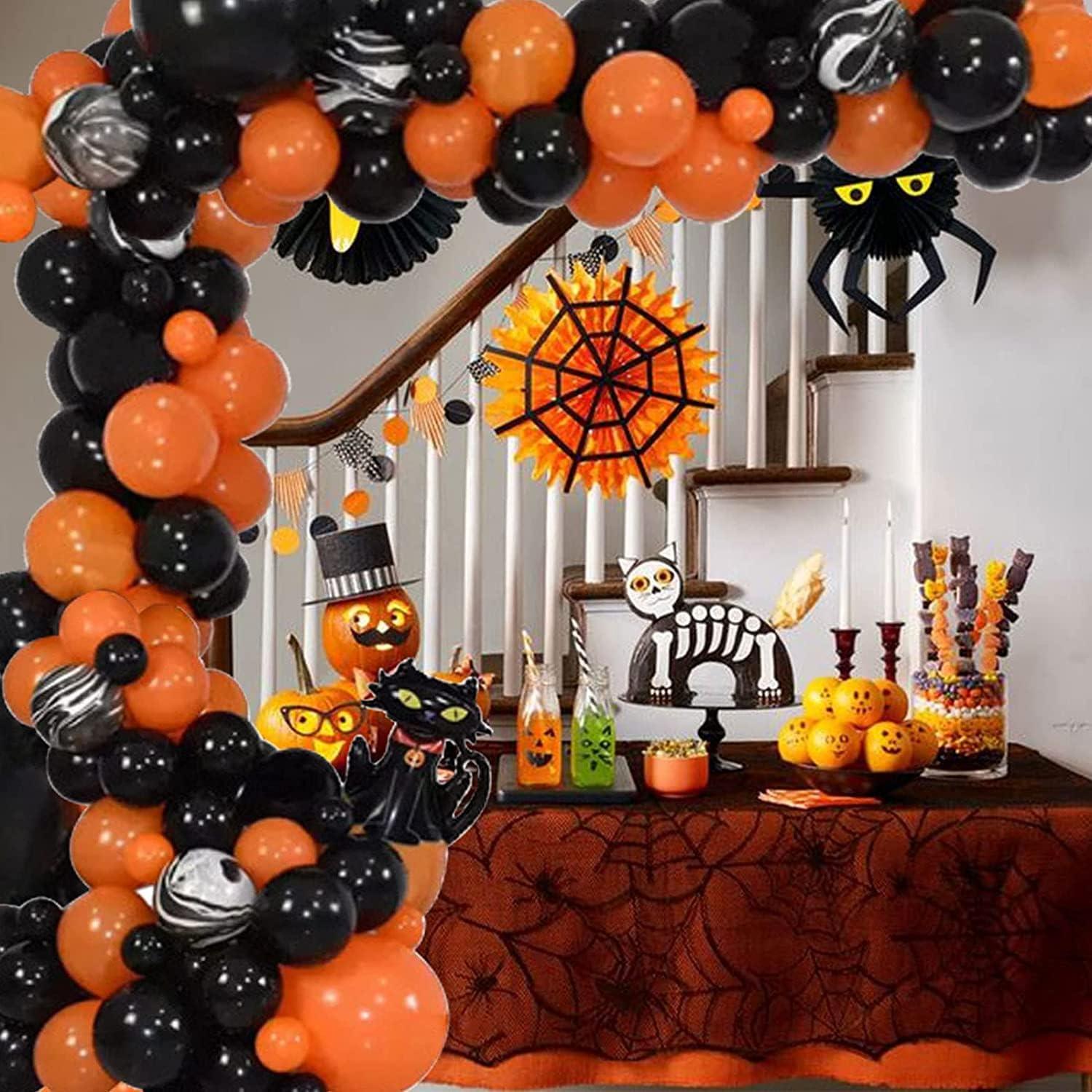 85pcs Halloween Balloon Garland Arch Kit, Black Orange Balloon Arch Garland Kit with Foil Cat Pumpkin Balloon and Marble Balloons for Halloween - Hibrides