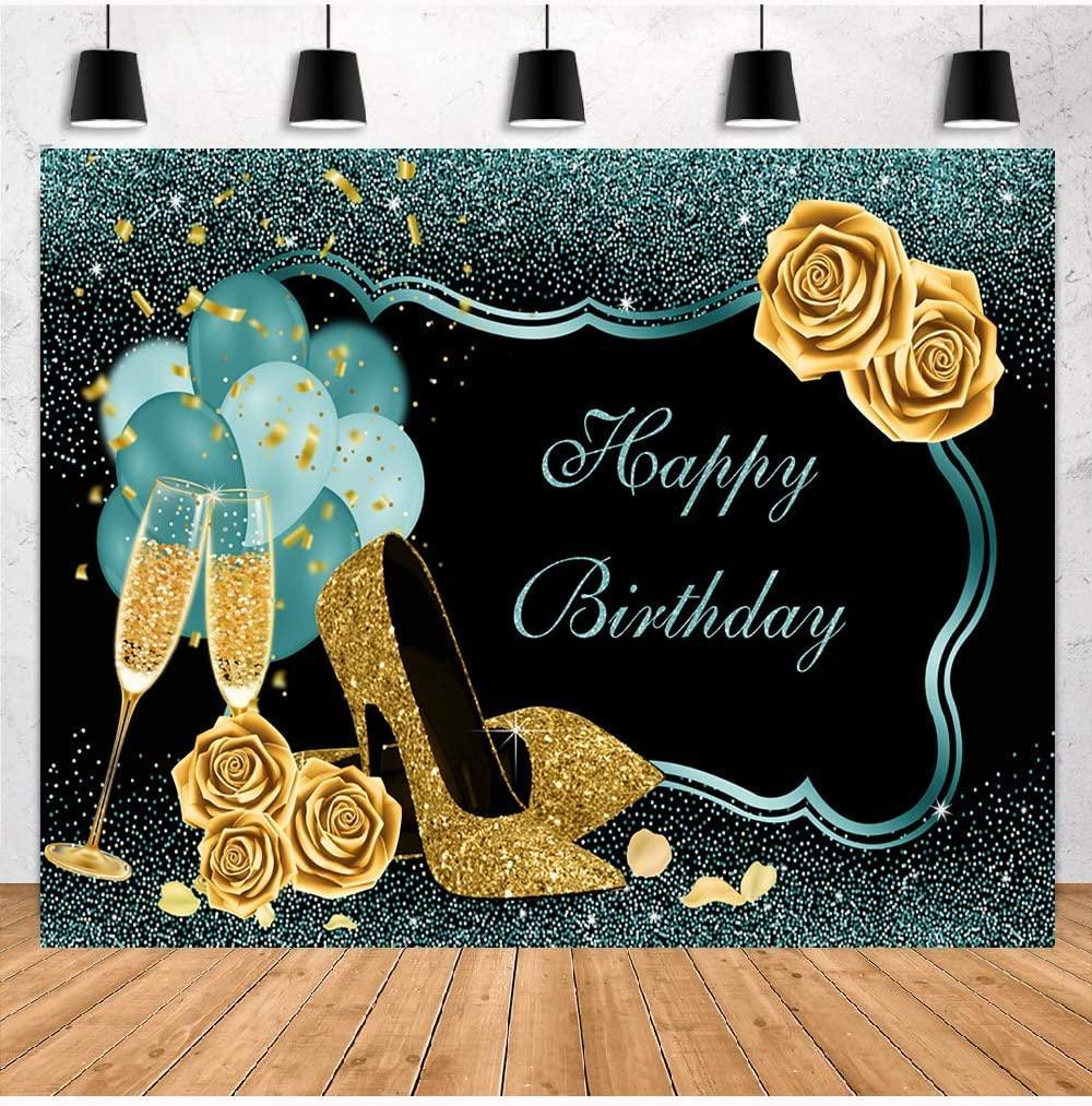 7x5ft Turquoise Green Gold Happy Birthday Backdrop Golden High Heels Glasses Photography Background - Hibrides