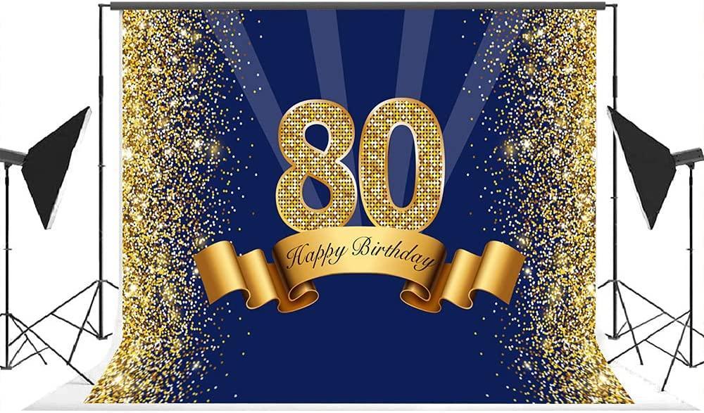 Happy 80th Birthday Photography Backdrop for Adult Men Navy Blue and Glitter Gold Eighty Years Old Background - Hibrides