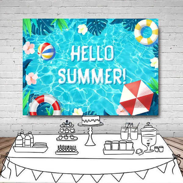 Hello Summer Pool Party Backdrop Tropical Swimming Ring Balls Hawaiian Birthday Photography Background - Hibrides