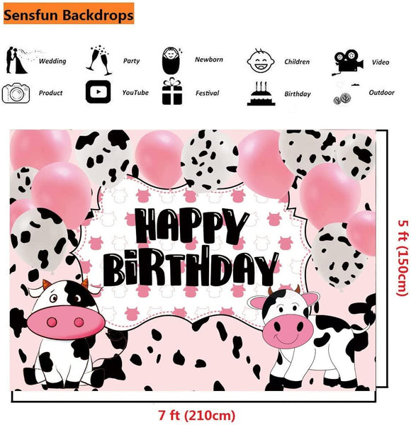 Cartoon Cow Happy Birthday Backdrop Banner Cow Party Decorations Pink White Cow Print Balloons Farm Animals Background - Hibrides