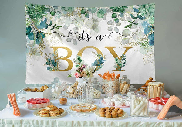 7X5FT It's a Boy Baby Shower Backdrop Succulent and Eucalyptus Leaves Background - Hibrides