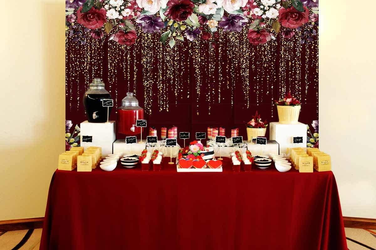 Durable Fabric Burgundy Red Flowers Backdrop No Wrinkles Golden Glitter Floral Birthday Party Photography - Hibrides