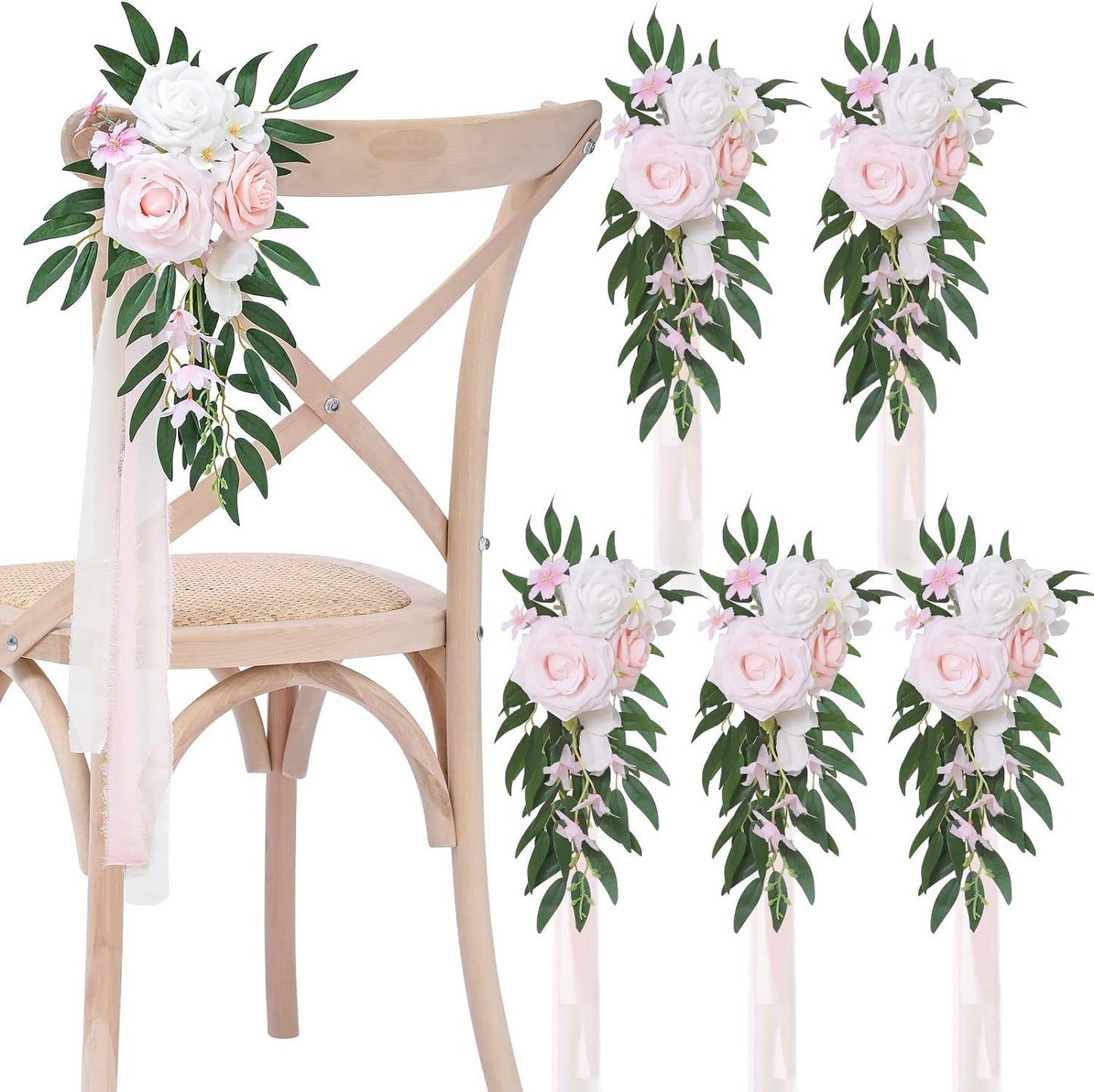 6pcs Outdoor Wedding Aisle Decorations Wedding Chair Decor for Wedding Ceremony White Wedding Artificial Flowers for Chair Decor Pew Flowers