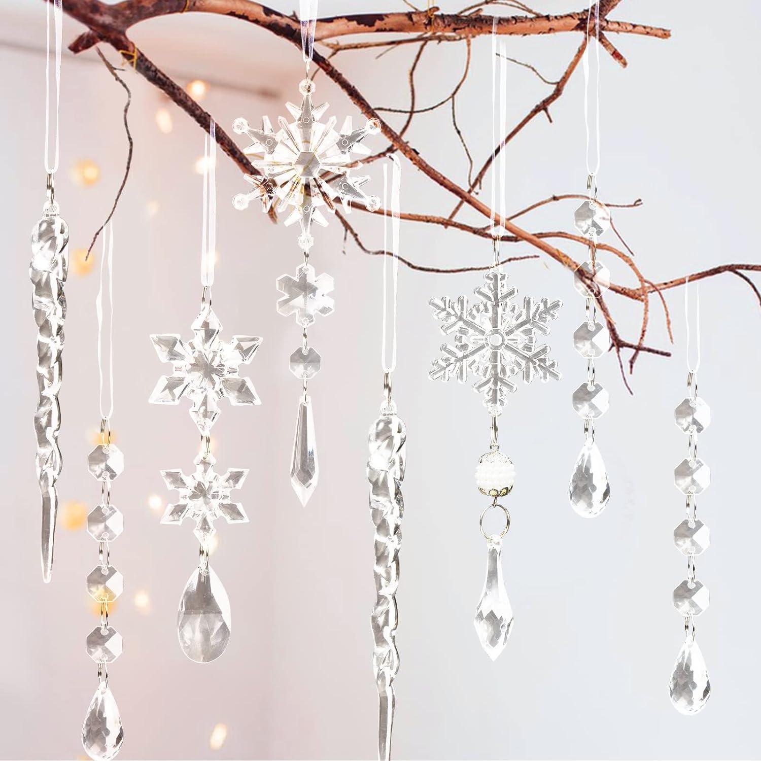 18pcs Christmas Tree Decoration Crystal Ornaments - Hanging Acrylic Christmas Snowflake Icicle Drop Crystal Ornaments for Christmas Tree - Hibrides