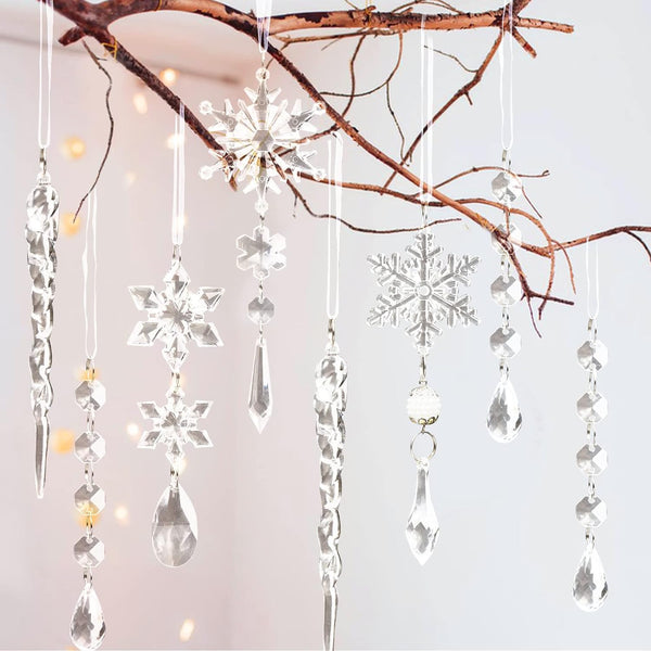 18pcs Christmas Tree Decoration Crystal Ornaments - Hanging Acrylic Christmas Snowflake Icicle Drop Crystal Ornaments for Christmas Tree