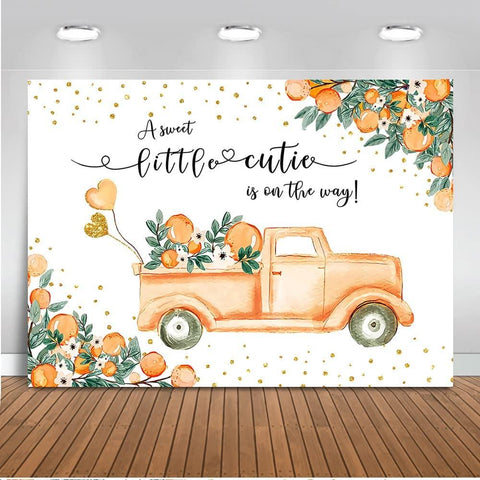 A Little Cutie Baby Shower Backdrop Orange and Truck Baby Shower Background Tangerine Theme - Hibrides