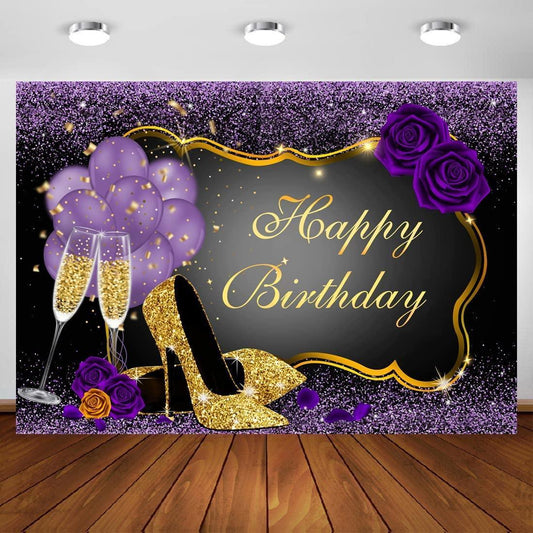 7x5FT Purple Happy Birthday Backdrop Rose Shiny Sequin High Heels Champagne Golden Frame Glasses Photography Background - Hibrides