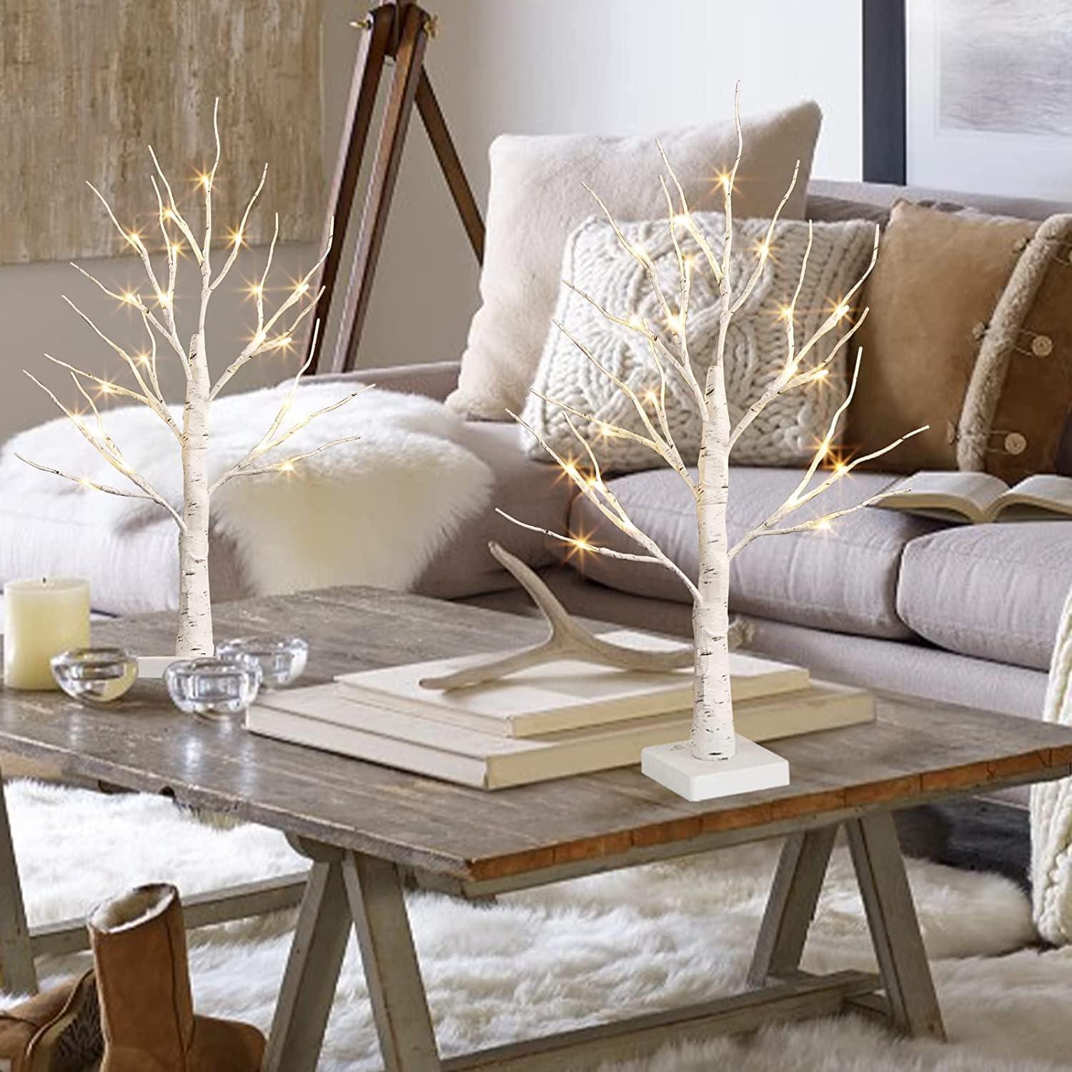 2Pack 24 LED Battery Operated Tabletop Mini Artificial Trees with Lights for Centerpiece Lighted Birch Tree for Home Decor, White Christmas Decorations Indoor - Hibrides