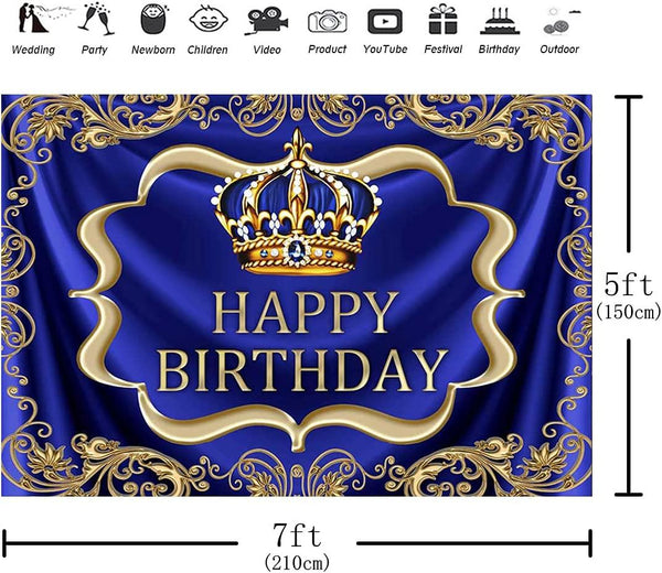 Royal Blue and Gold Happy Birthday Backdrop 7x5ft Little Baby Boy Prince King Crown Photography Background - Hibrides