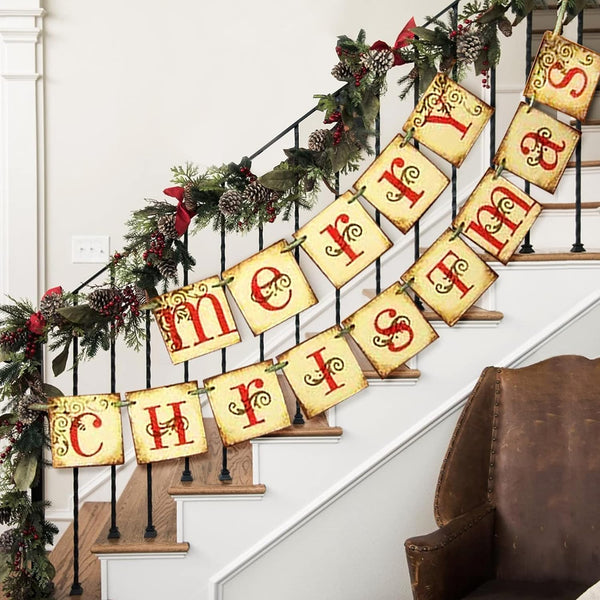 Vintage Merry Christmas Banner - Retro Nostalgic Traditional Old Fashioned Victorian Xmas Holiday Decor for Farmhouse