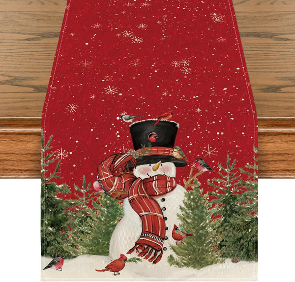 13x72 Inch Snowman Christmas Birds Trees Table Runner, Seasonal Winter Xmas Holiday Kitchen Dining Table Decoration