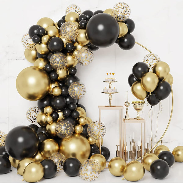 133pcs Black and Gold Balloons Garland Arch Kit, Black Metal Gold and Metallic Confetti Gold Balloons for Graduation Party Baby Shower - Hibrides