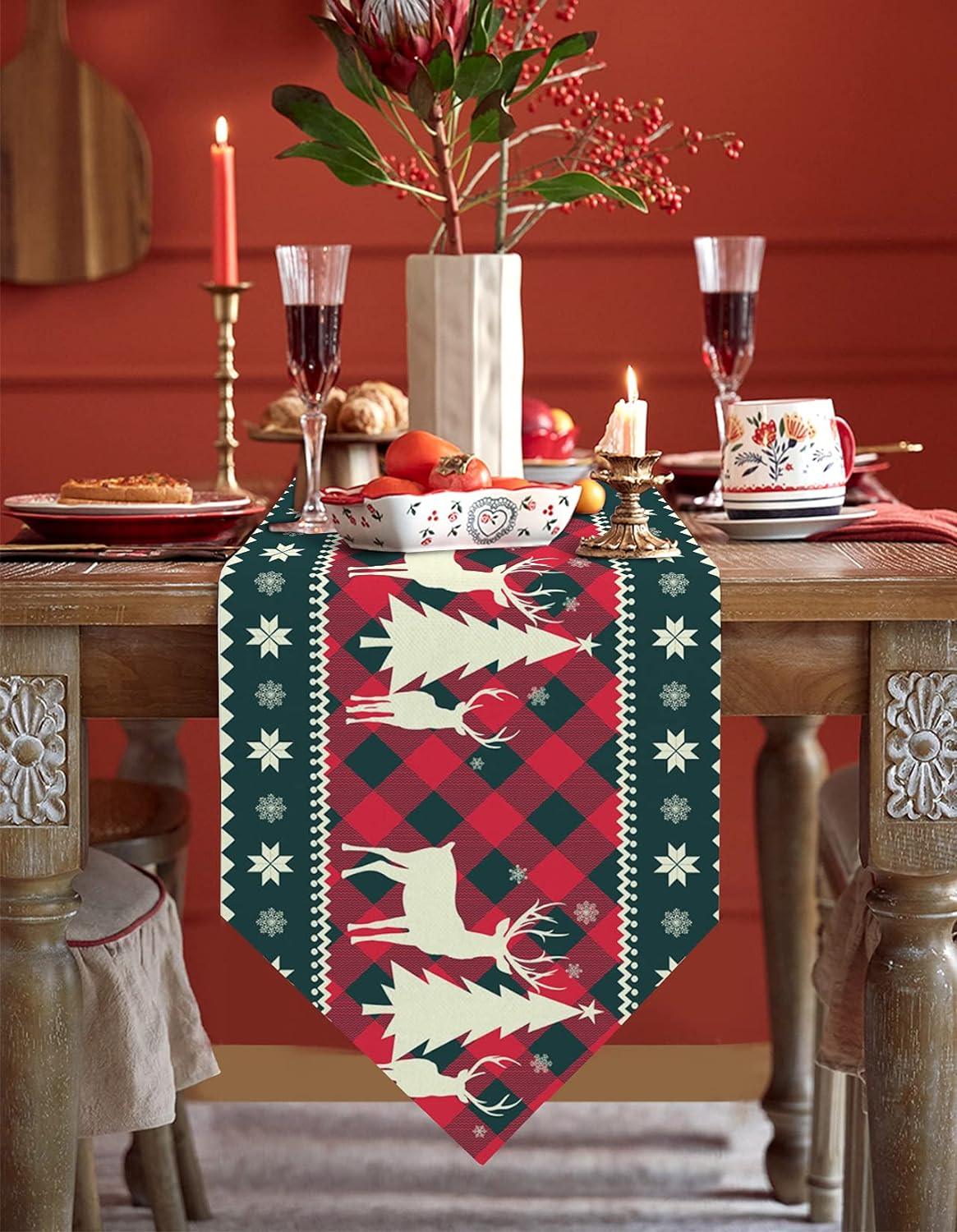 13X70 Inch Christmas Tree Elk Deer Table Runners Red Holiday Buffalo Checkered Plaid Non-Slip Burlap Table Runner - Hibrides
