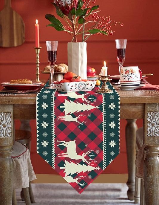 13X70 Inch Christmas Tree Elk Deer Table Runners Red Holiday Buffalo Checkered Plaid Non-Slip Burlap Table Runner - Hibrides