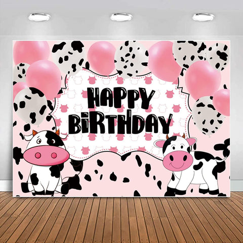 Cartoon Cow Happy Birthday Backdrop Banner Cow Party Decorations Pink White Cow Print Balloons Farm Animals Background - Hibrides