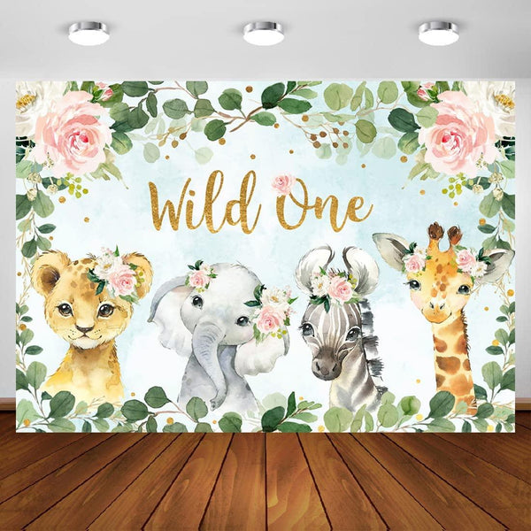 Girl Jungle Safari Animals Wild One Backdrop 1st Birthday Pink Floral Green Leaves Photography Background - Hibrides