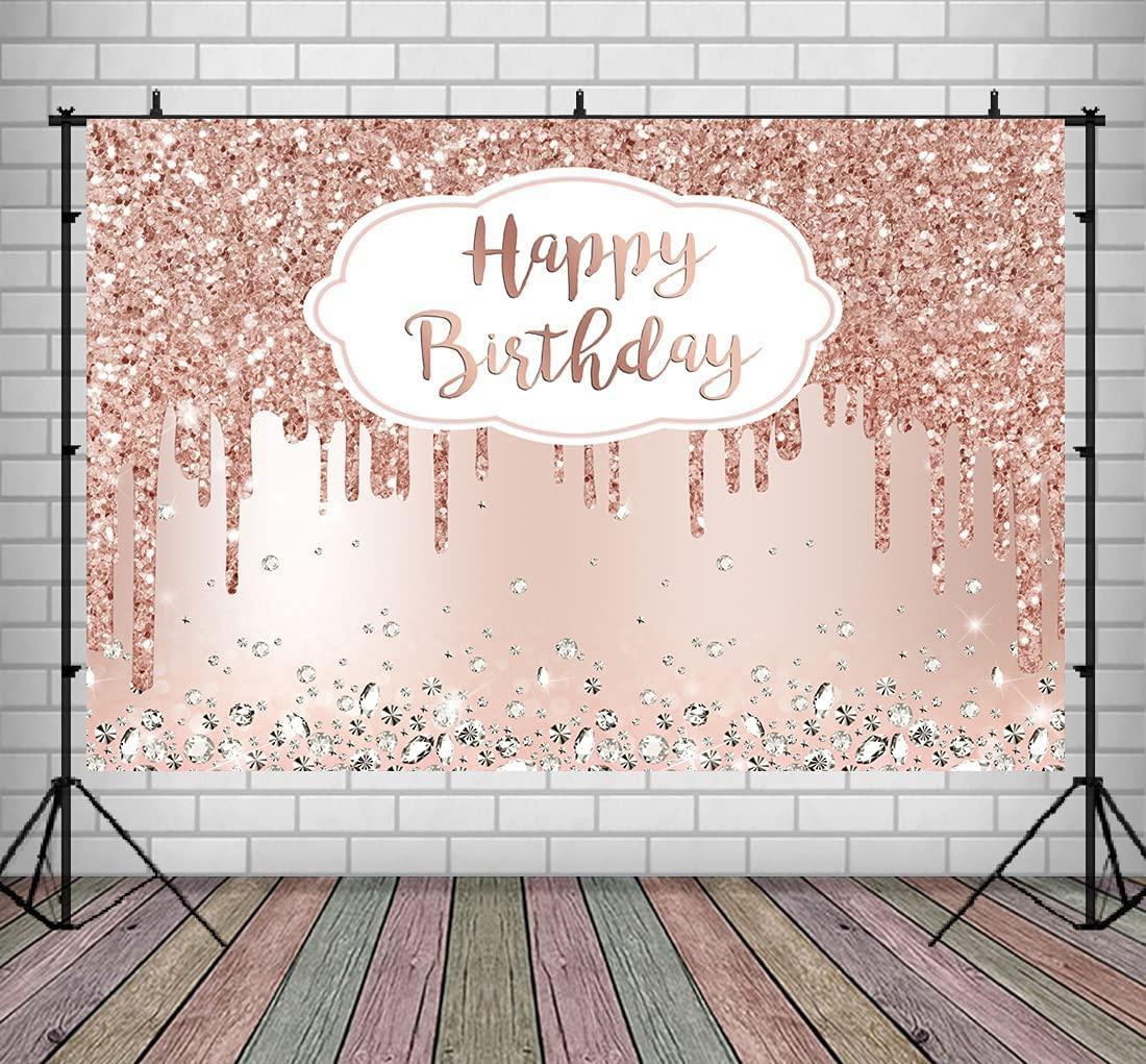Pink Rose Golden Birthday Party Backdrop Glitter Diamonds Happy Birthday Background - Hibrides