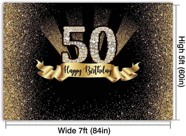 Gold and Black 50th Birthday Photography Backdrop Golden Glitter Diamonds Shiny Background - Hibrides