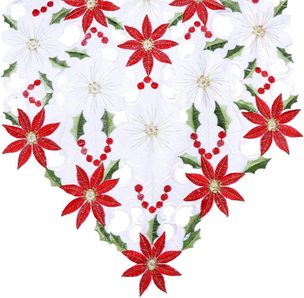 15x70 Inch Embroidered Christmas Table Runner Red Table Linens for Christmas Decorations, Luxury Holly Poinsettia Table Runner for Dining Kitchen & Dining Table - Hibrides
