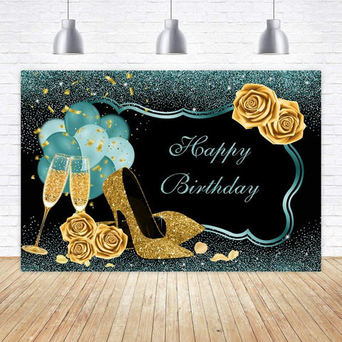 7x5ft Turquoise Green Gold Happy Birthday Backdrop Golden High Heels Glasses Photography Background - Hibrides