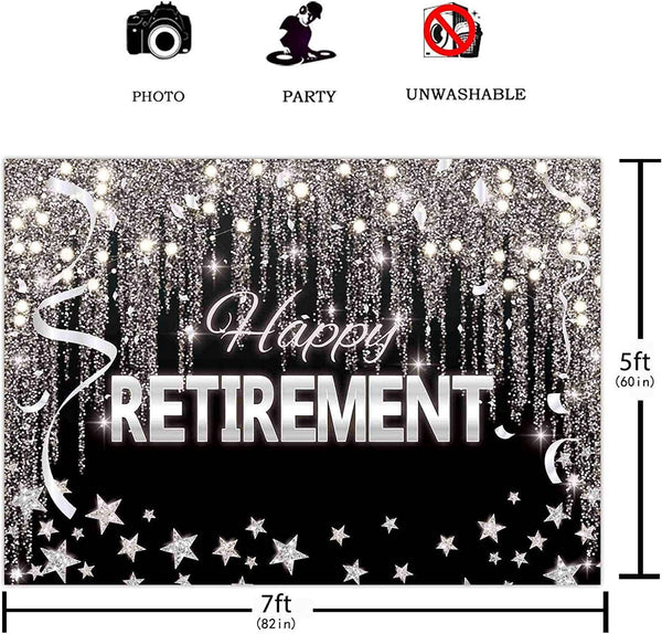 7X5FT Happy Retirement Backdrop Black and Silver Glitter Shiny Stars Background - Hibrides