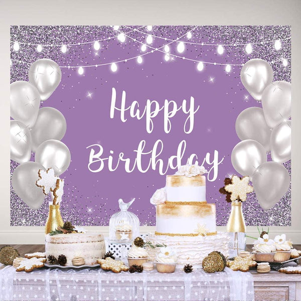 Violet Purple Silver Happy Birthday Photo Backdrop Silver Balloon White Lights Girls 16th 18th 30th Birthday Party Banner - Hibrides