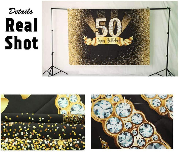 Gold and Black 50th Birthday Photography Backdrop Golden Glitter Diamonds Shiny Background - Hibrides