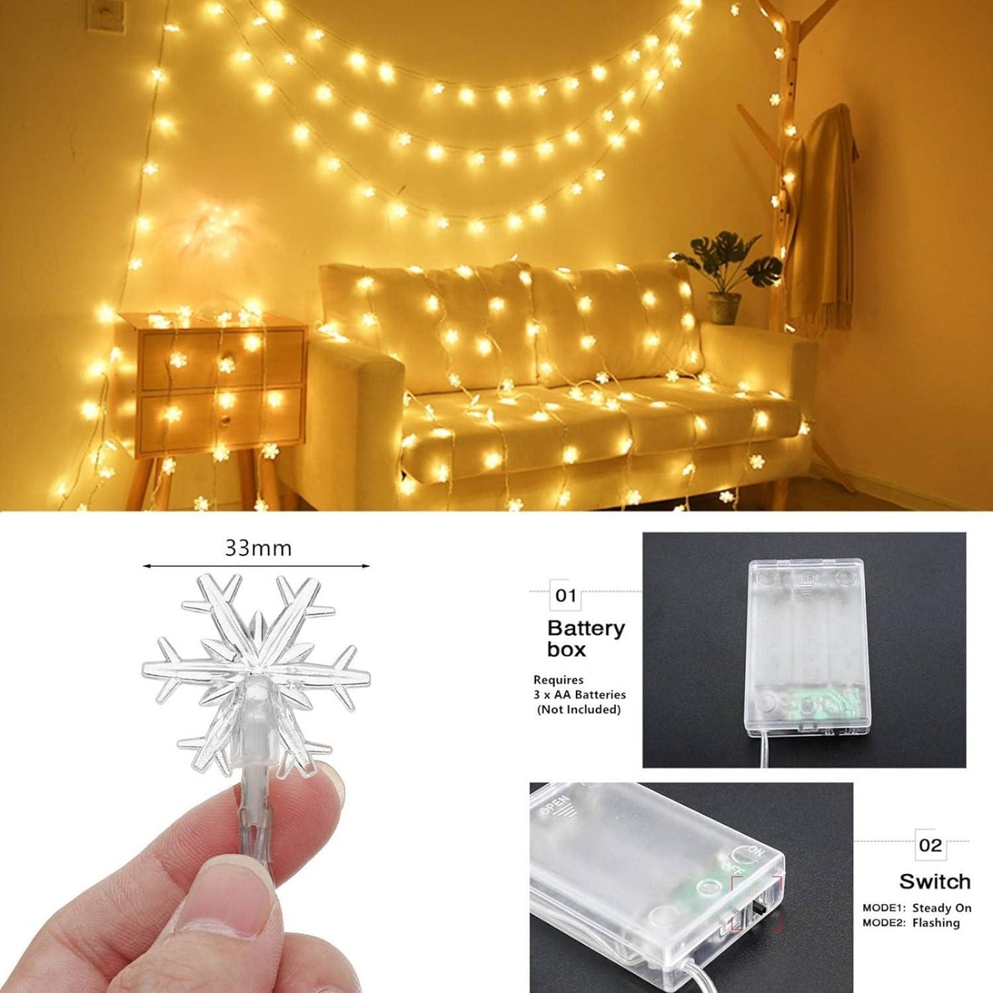 20ft 40 LED Snowflake String Lights Battery Operated Fairy Lights for Bedroom Room Party Home Xmas Decor - Hibrides