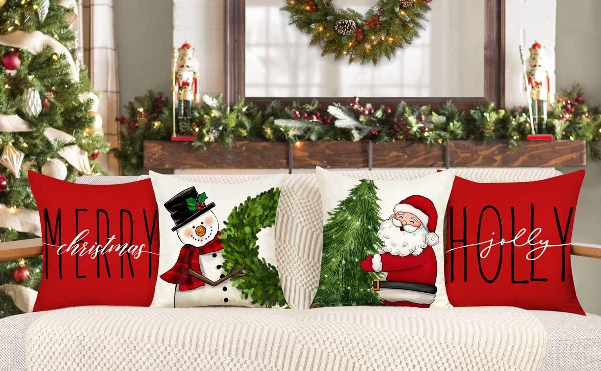 Set of 4 Red Christmas Pillow Covers 18x18 Farmhouse Christmas Decorations Snowman Wreath Santa Claus - Hibrides